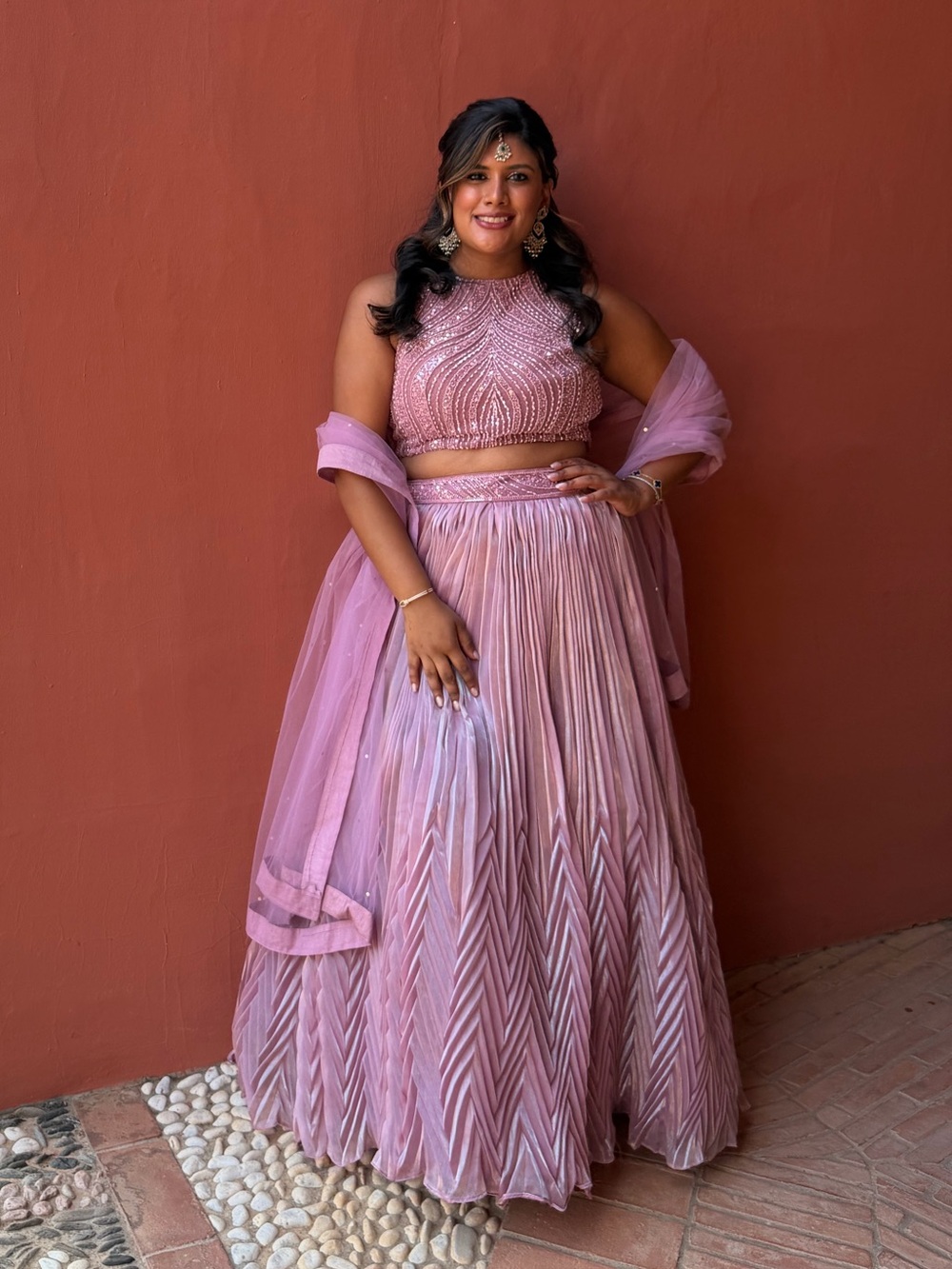 Women's Pink Pleated Maxi Skirt - Elegant Lengha